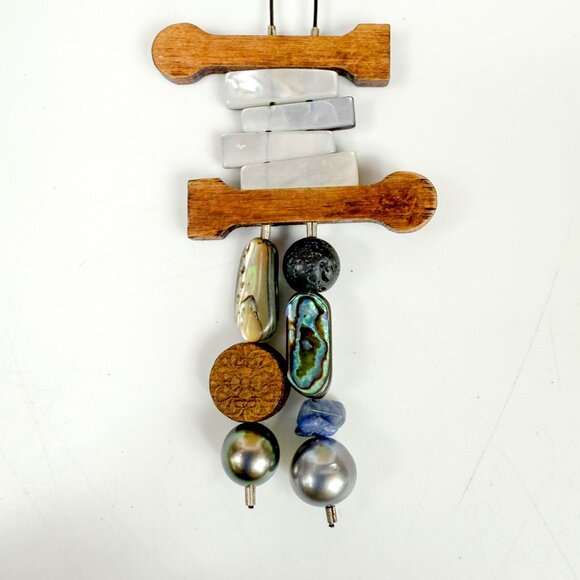 Artisan Pearl Abalone Lapis Lava Stone Beaded Bolo Style Necklace Boho Unique - Picture 5 of 5